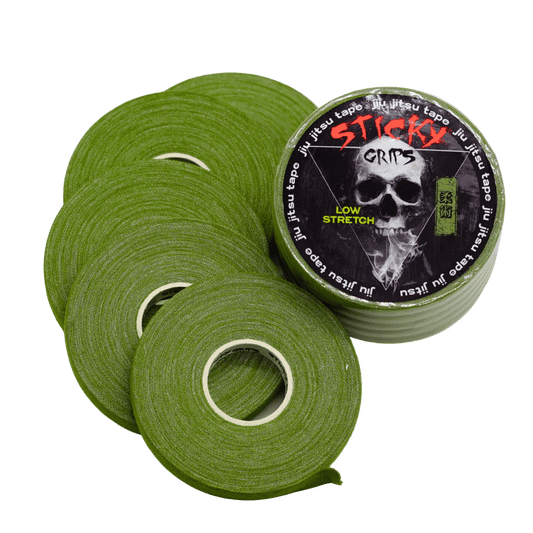 Green tape rolls with a 'Sticky Crips' label featuring a skull design on a white background - military green