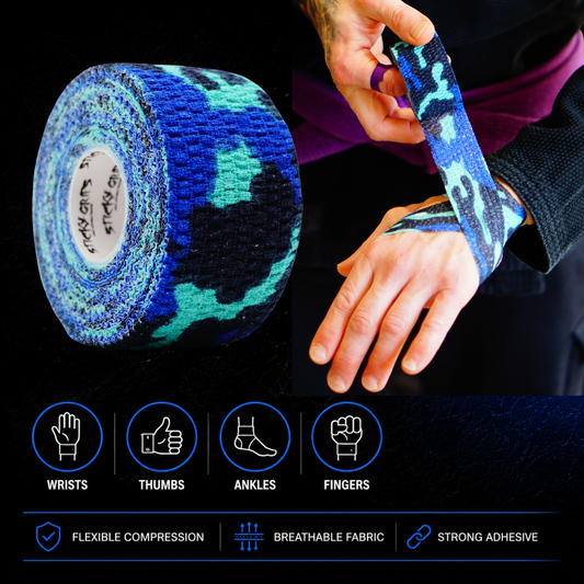 BJJ Flex Joint Support Tape 38mm Blue Camo (6.9m Elastic Wrap Single Roll) - Sticky Grips - info