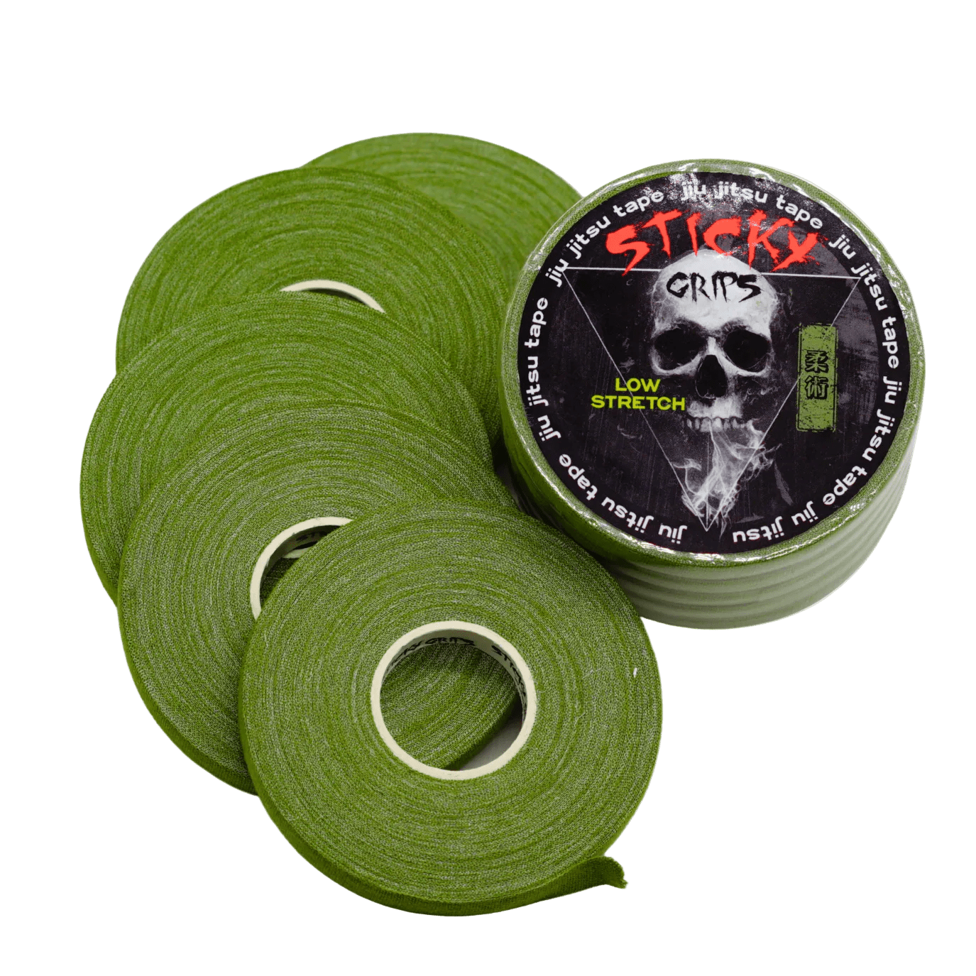 Green tape rolls with a 'Sticky Crips' label featuring a skull design on a white background - military green