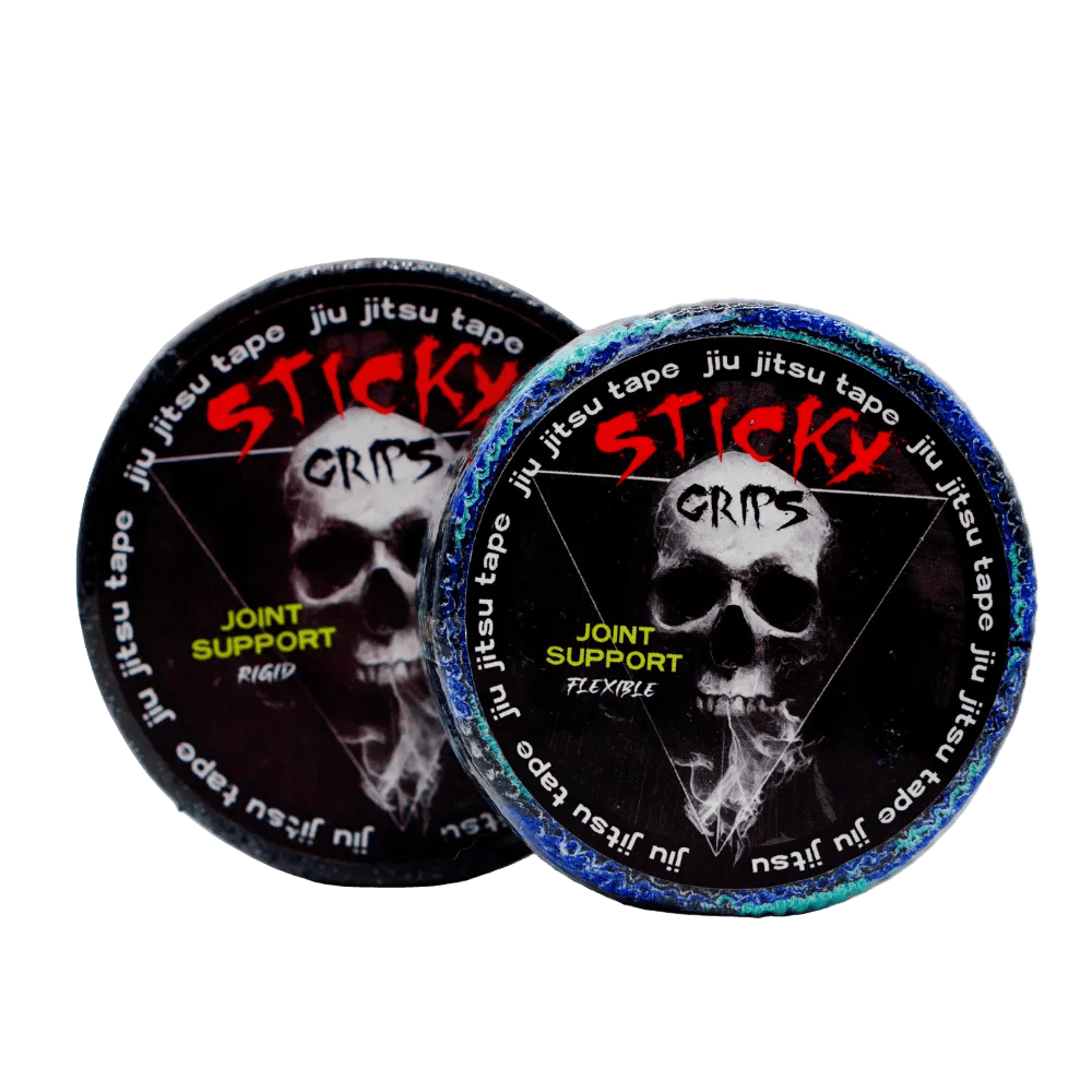 Two containers of Sticky Grips jiu jitsu tape with skull design on a light gray background