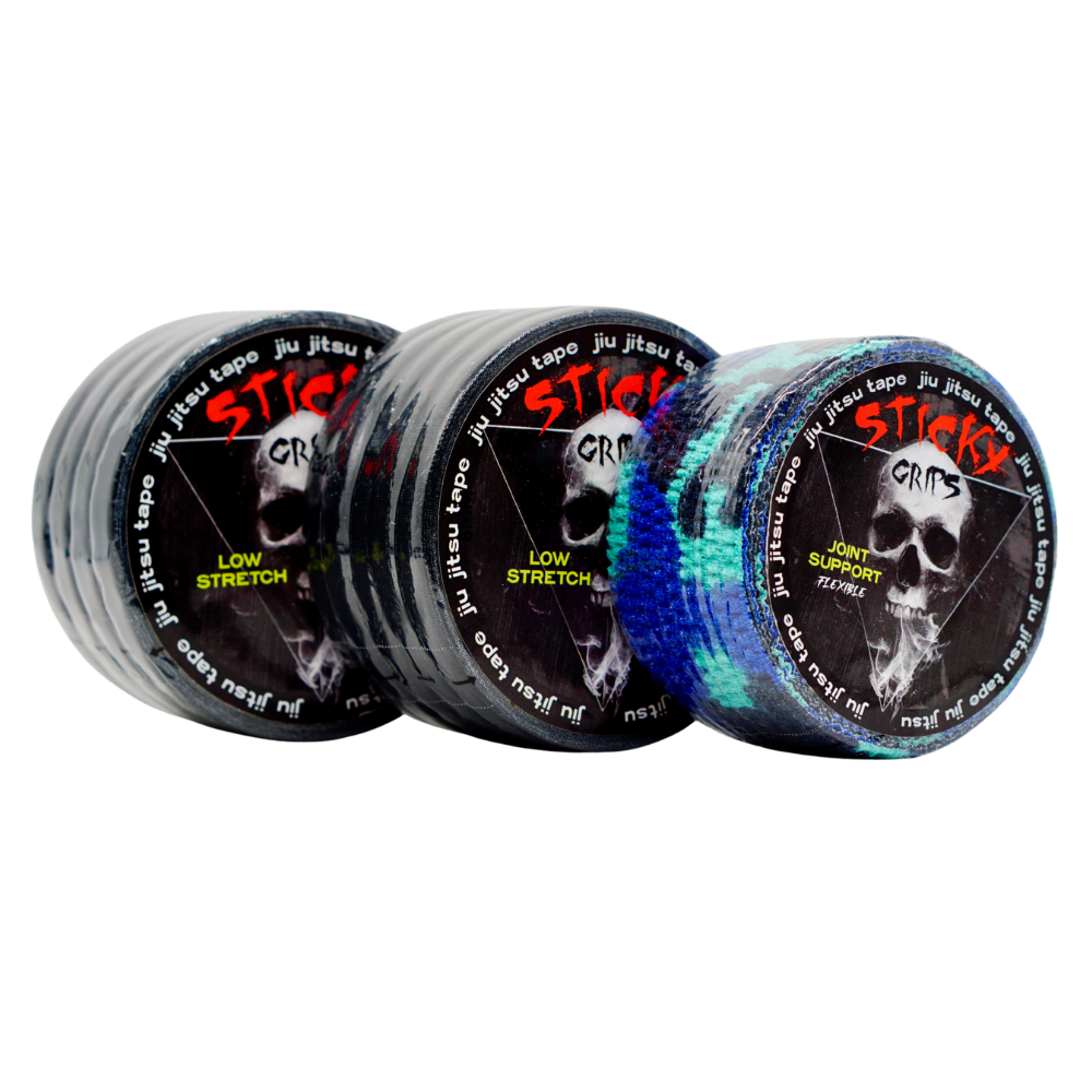 Three rolls of 'Sticky Grips' jiu jitsu tape on a white background