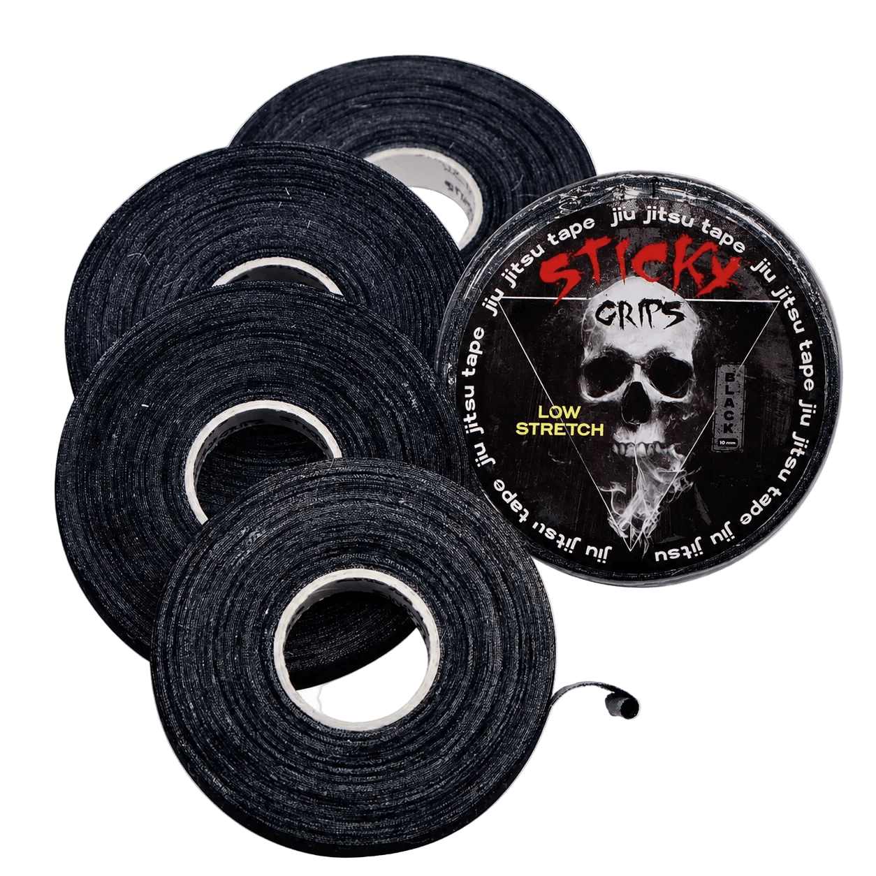 Black tape rolls with a 'Sticky Grips' logo  featuring a skull design on a white background.