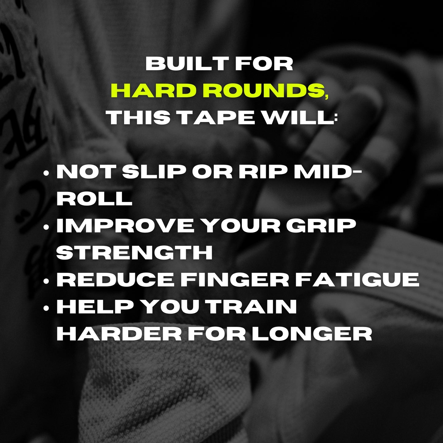 BJJ athlete with taped fingers promoting finger tape for grip strength, joint support and longer training rounds