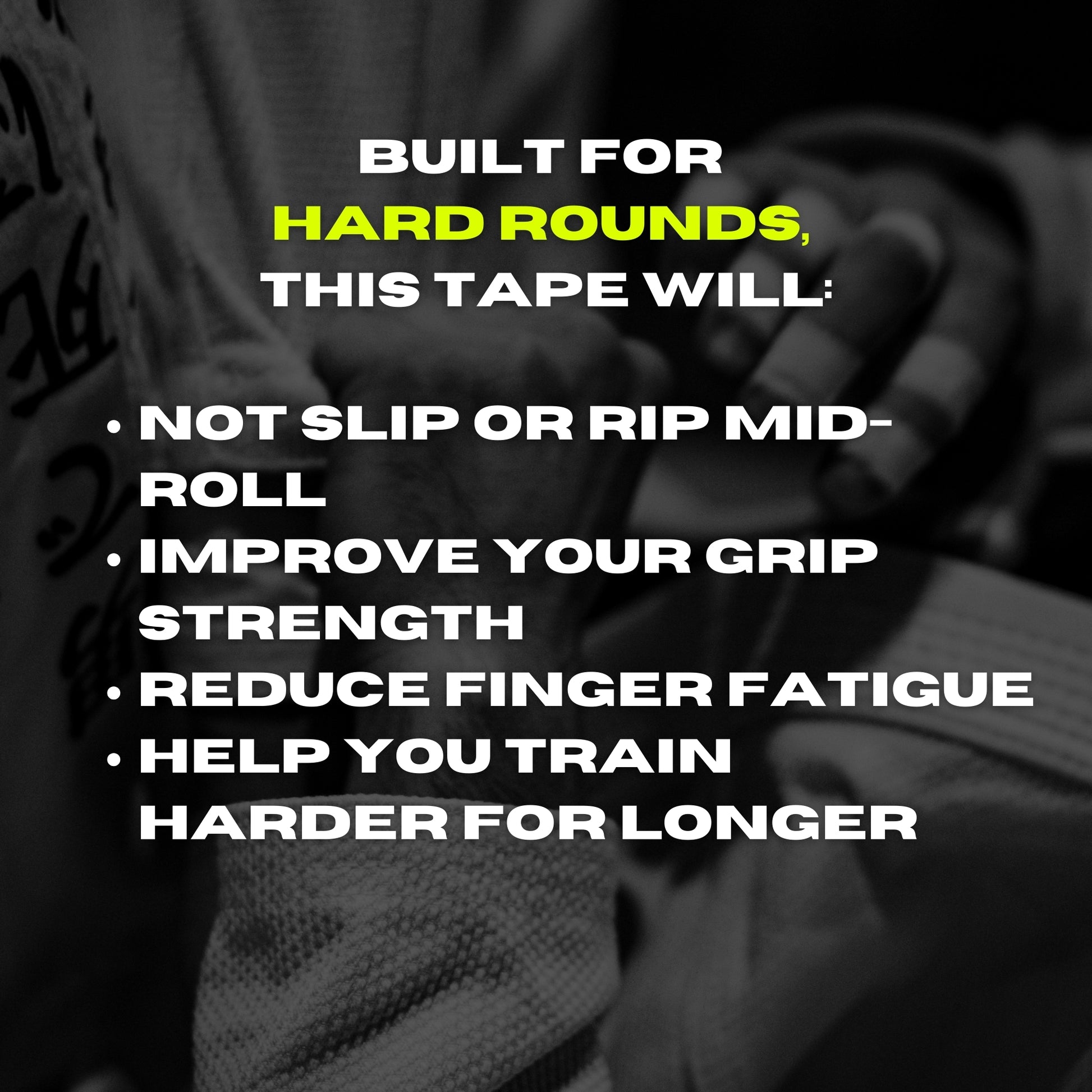 BJJ athlete with taped fingers promoting finger tape for grip strength, joint support and longer training rounds