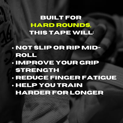 BJJ athlete with taped fingers promoting finger tape for grip strength, joint support and longer training rounds