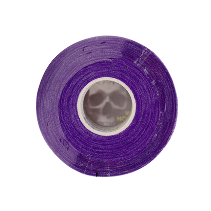 Top view of Sticky Grips purple 8mm BJJ finger tape low stretch 10m roll showing inner core branding