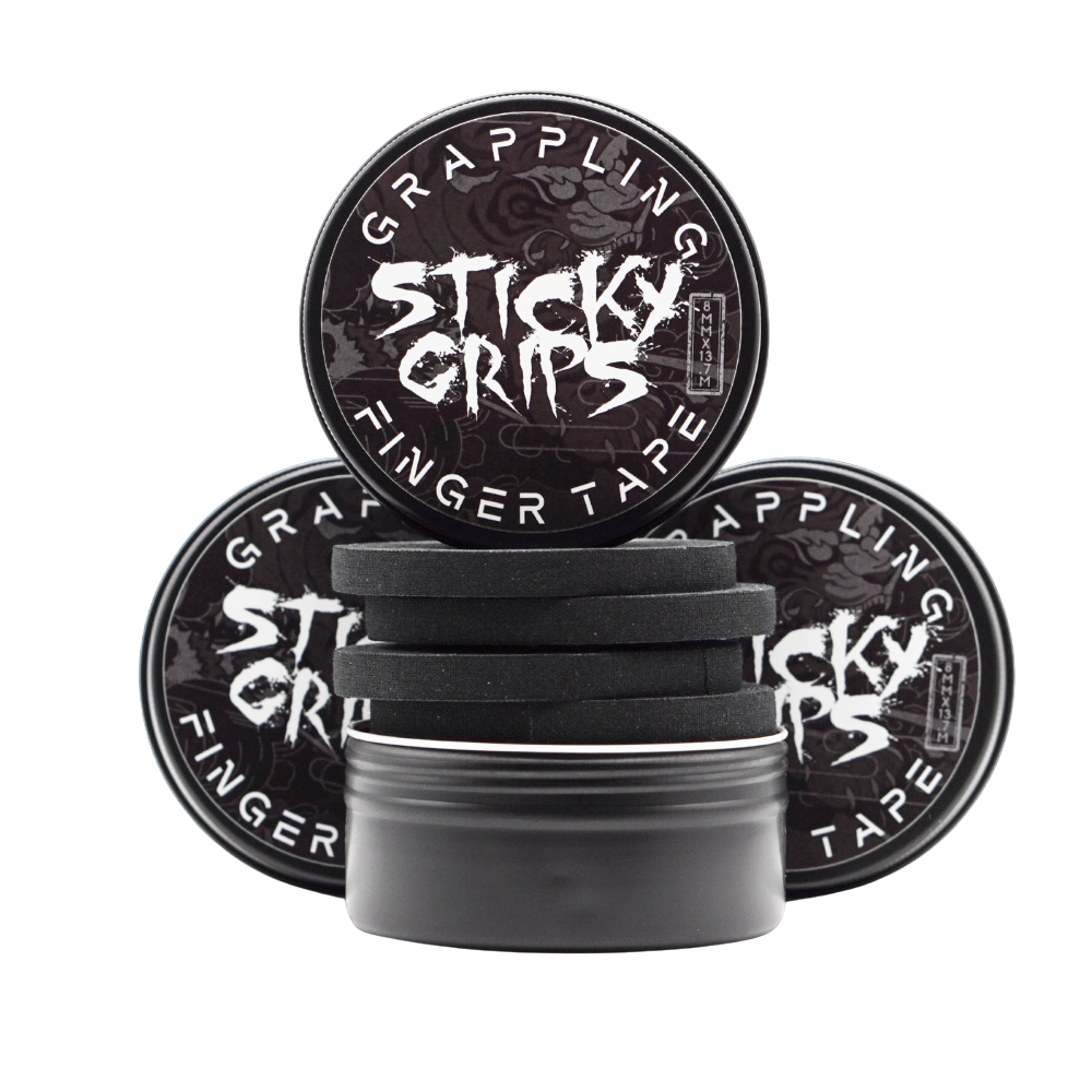 Sticky Grips BJJ finger tape rolls and storage tin for jiu jitsu and grappling finger support