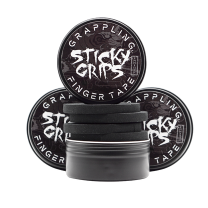 Sticky Grips BJJ finger tape rolls and storage tin for jiu jitsu and grappling finger support