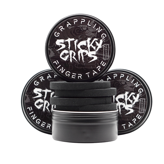 Sticky Grips BJJ finger tape rolls and storage tin for jiu jitsu and grappling finger support